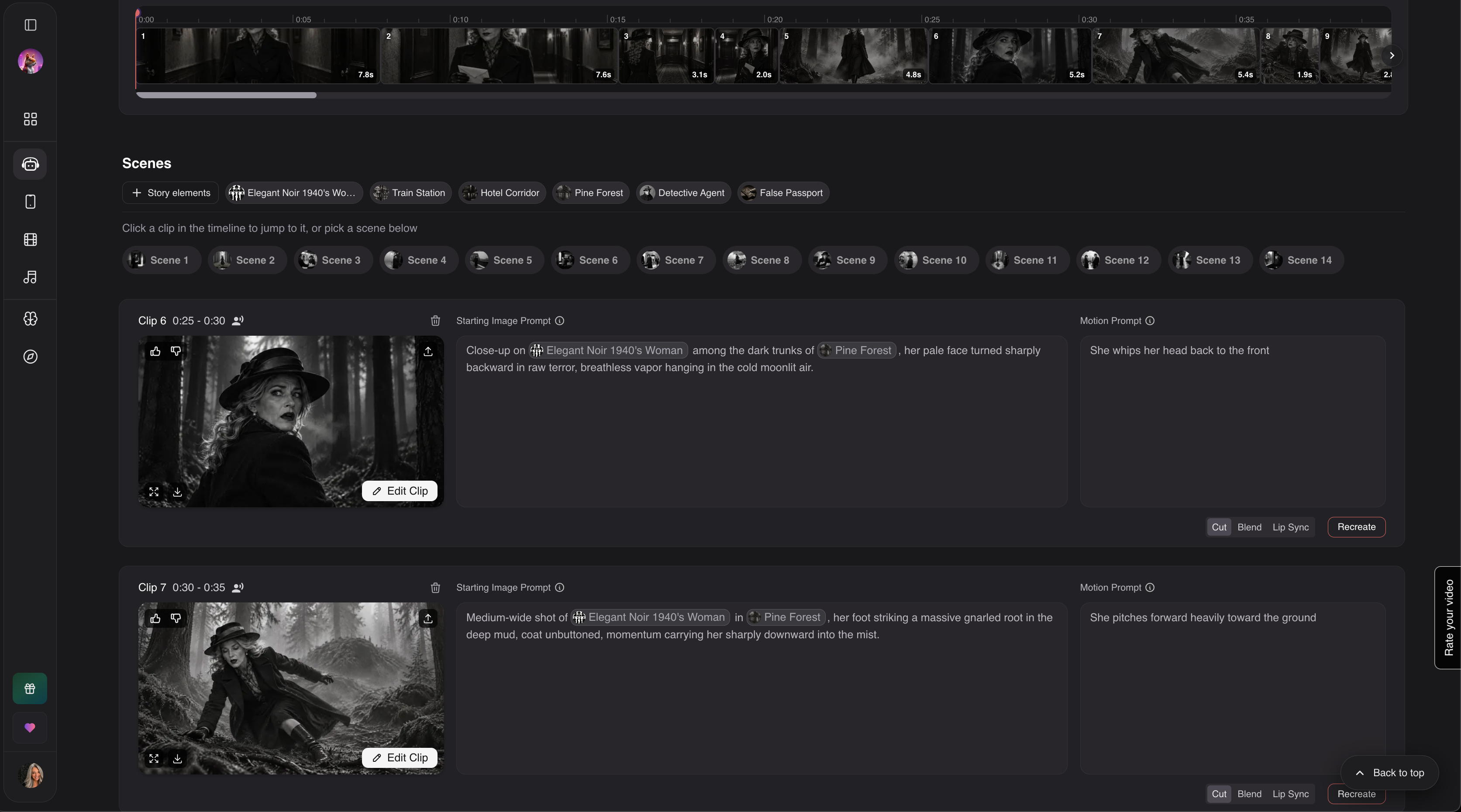 Neural Frames workspace showing the film timeline, 14 scene labels, and image and motion prompts for selected clips.